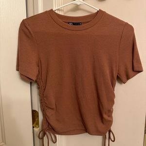 ZARA ribbed side tie pink short sleeved t-shirt